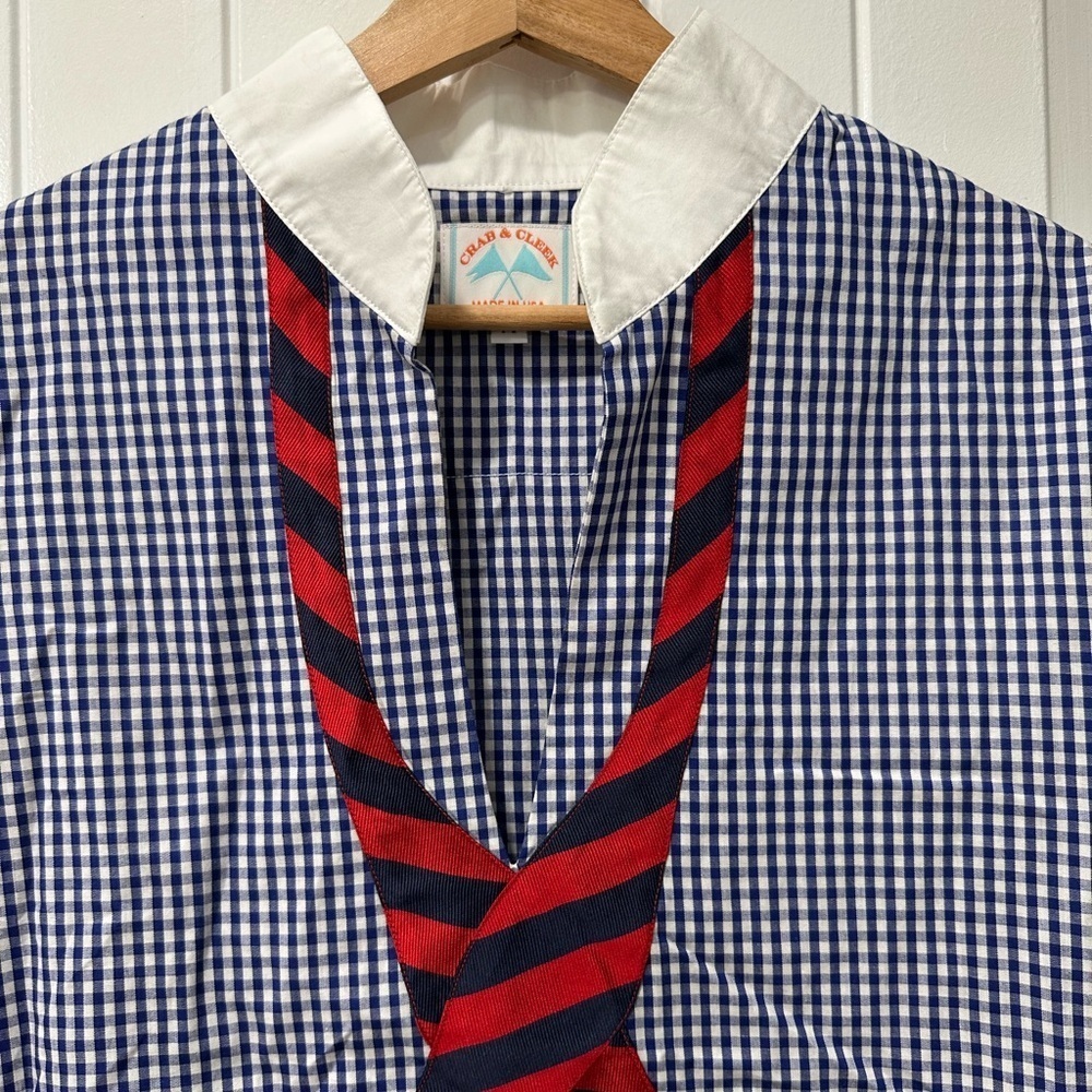 Crab & Cleek Blue Striped Faux Sill Necktie Tunic Top - Picture 2 of 6